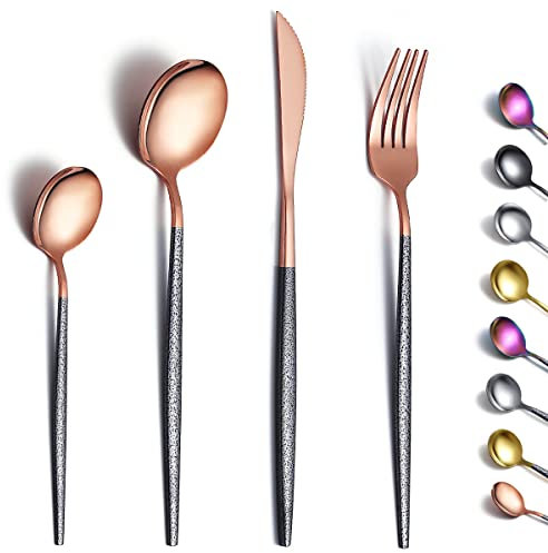 Kyraton Cutlery Set 24 Pieces with Moon Surface Black Handle and Shiny Rosegold Mouth Titanium Coating Stainless Steel Modern Cutlery Set Utensils Set,Dishwasher Safe, Service for 6