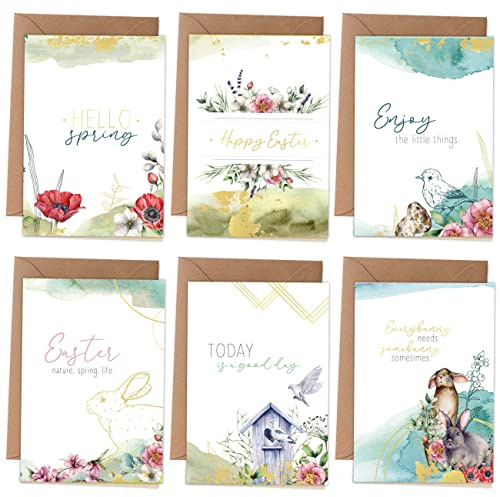 PaPIerDraCHeN Cartoline di Pasqua | 6 biglietti d'auguri primaverili con busta e adesivi pasquali - Design elegante - Motivo colori ad acqua con lamina d'oro - Set 4