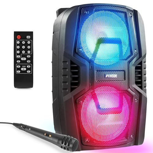 Fenton FT208LED - Altavoz portátil Bluetooth con batería con 2 woofers de 8 y 500W, Altavoz portátil con Ruedas, USB, SD, AUX, Micro con Cable, iluminación LED, Ideal para Fiestas y animaciones