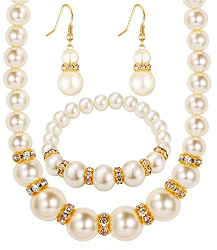 Dishowme Mariage Perle Collier Boucles D'oreilles Ensemble Cristal De Mariée Faux Perle Pendentif Collier Bracelet Dangle Bijoux pour Femmes Grils Brides Demoiselles D'honneur (Or)