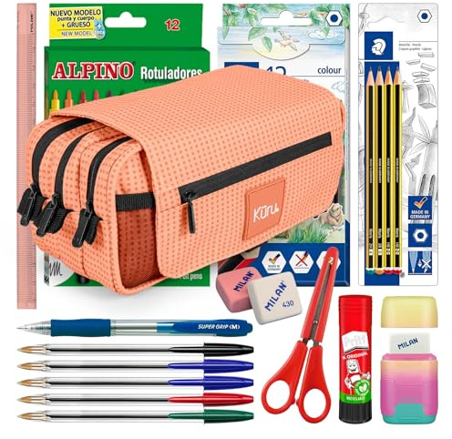 ColePack Kuru – set med trippel skolpärm med 3 dragkedjor och skolmaterial från toppmärkena ingår (persika)