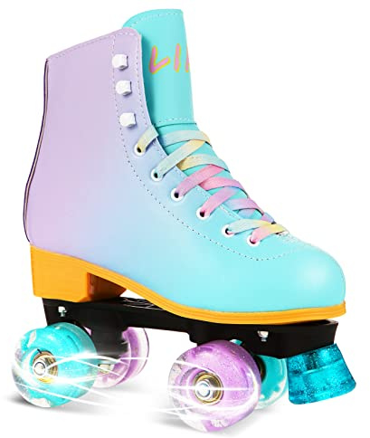 LIKU Quad Roller Skates for Girl and Women with All Wheel Light Up,Indoor/Outdoor Lace-Up Fun Illuminating Roller Skate for Kid (Purple, J12-J13)