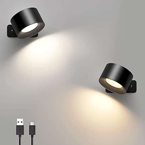 Mexllex 2PCS LED Wall Light,Rechargeable LED Wall Lamps,3 Brightness Levels 3 Color Modes,360° Rotatable Touch Control,Wireless Wall Mounted,Reading Lights Bedroom Night Lights Black