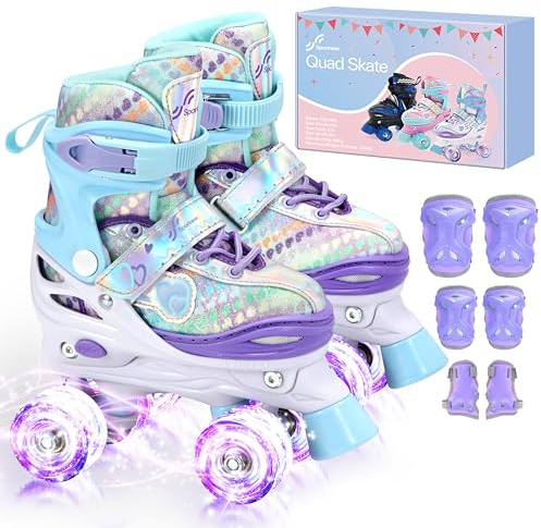 Sportneer Pattini a rotelle per bambini, set di pattini a rotelle con equipaggiamento protettivo, pattini a rotelle regolabili con 8 ruote luminose, per ragazze, bambini, giovani, principianti, uso