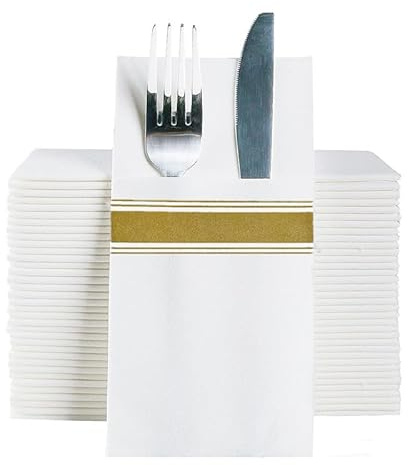 DADAWU Tovaglioli usa e getta come con tasca per posate incorporata, tovagliolo bianco per feste di nozze, prepiegati per argenteria, confezione da 50 (oro, 50 punti), 50PCS