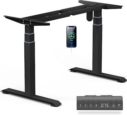 Flamaker Schreibtisch Höhenverstellbar Elektrisch Höhenverstellbarer Schreibtisch Gestell 3-Fach-Teleskop mit Kollisionschutz, USB-Buchse, 4 Memory-Steuerung (Grey+3 Stage Frame)