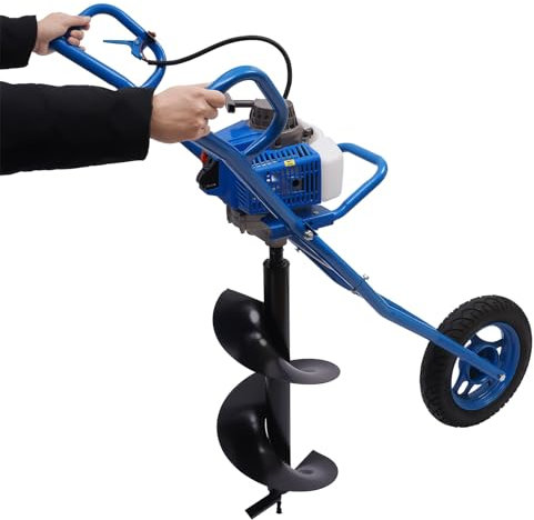 Begoniape 2-Takt Benzin Erdbohrer mit Handwagen, 63CC Benzin Erdbohrer Erdlochbohr, Erdbohrgerät Pfahlbohrer 1.2L Kraftstofftank, Bodenbohrer Set für Grubengräber Landwirtschaft Forstwirtschaft Blau