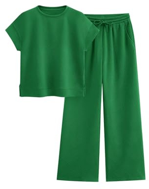 PRETTYGARDEN Women Two Piece Lounge Set 2026 Short Sleeve Tops And Drawstring Long Pants Tracksuits Casual Outfits (Green, Large)