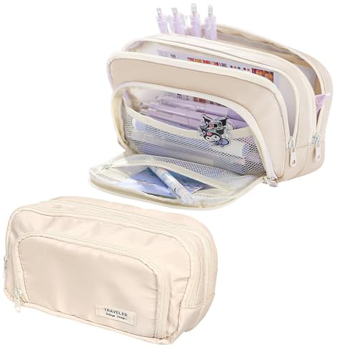 Lvjkes Estuche Escolar, Estuche para Lápices con 3 Compartimentos Alta Capacidad, Organizador de Papelería Grande Estético para Niños, Chico, Chica, Adolescentes, Estudiantes, Beige,21 x 13 x 7 cm