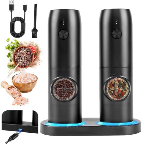 Ensemble de Moulin à Poivre Électrique, Lot de 2 moulins à sel et poivre électriques avec base rechargeable, Lumière LED Blanche, broyage pour barbecue, restaurant