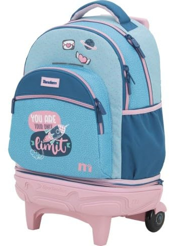Sportandem Tandem Carro Compact Desmontable, Mochila con Carro Escolar, 35L, 5 Compartimentos, Tirantes Ergonómicos, Bolsillo Frontal con Organizador, Forro Cubre Ruedas, Azul Marino Rosado Celeste