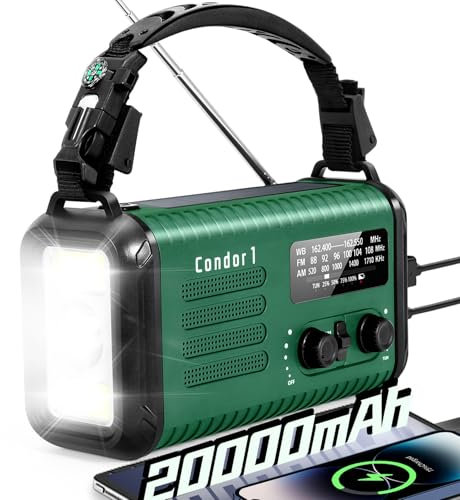 Wind Up Solar Radio, Emergency Crank Radio, 20000mAh Survival Solar Hand Crank Weather Radio with AM/FM, Battery Powered Radio with Cell Phone Charger, Flashlight & SOS for Emergencies/Home