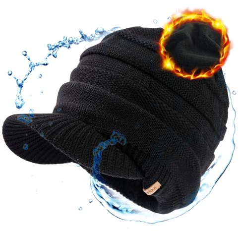 TOP-EX Große Merino Wollmütze für Herren und Damen, wasserdicht und Winddicht, mit Schirm und Fleece, ideal für Outdoor-Sport, Schwarz, XL/XXL,