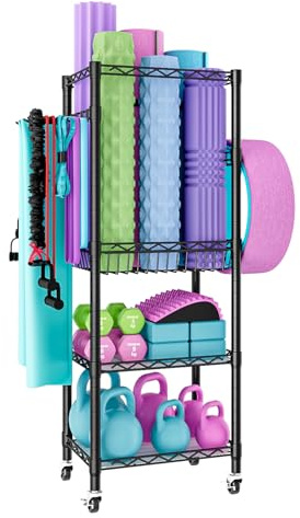 Solerconm Rack à haltères avec étagère à 3 niveaux, support pour tapis de yoga avec crochets et roues, organisateur de rangement pour équipements de fitness, support pour haltères Noir
