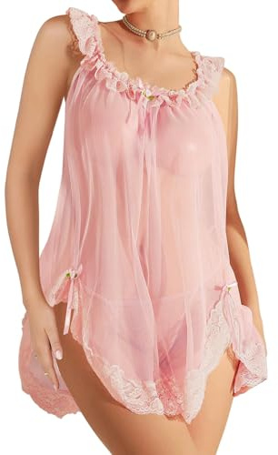 Foxiny Sexy Lingerie Dress 2pcs Women Night Gown Pink M