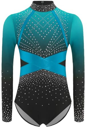 ranrann Enfant Fille Justaucorps Gymnastique Strass Manche Longue Danse Gym Tenue Patinage Artistique Costume Spectacle 5-16 Ans