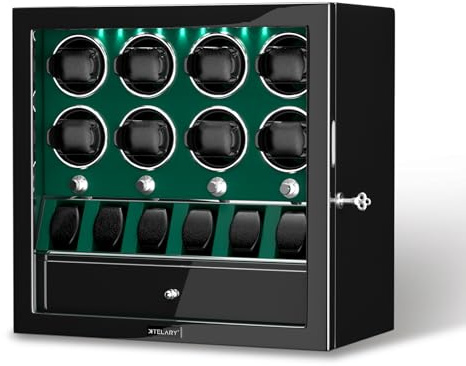 XTELARY Caja giratoria para Relojes con Cerradura para 2/4/6/8 con Espacio de Almacenamiento, cajón de Almacenamiento, 4 Modos de rotación, luz LED Blanca, Motor supersilencioso y cojín de Reloj de