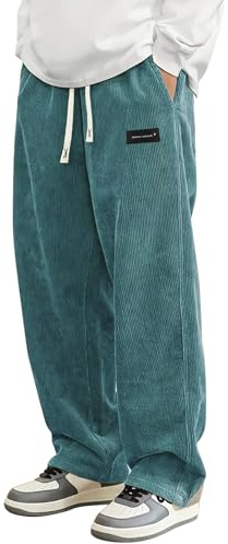 PADOLA Pantalon Velours Côtelé Homme Baggy Taille Elastique Pantalons Cargo avec Poches Décontracté Tricoté Pantalon de Travail Jambes Larges Ample Y2K Pantalons Jogging Sport (1 Turquoise, L)
