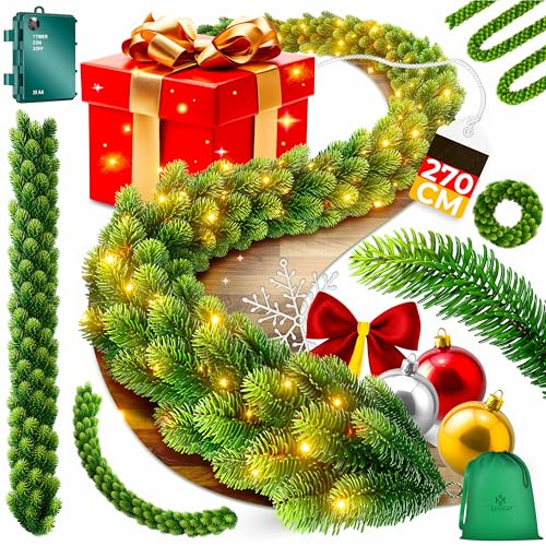 KESSER® Weihnachtsgirlande LED 2,7m lang | dicht + Timer – Naturgetreues Tannengrün - wie echt - IP 44 Outdoor & Indoor Girlande - Treppen, Tür, Balkon, Weihnachtsdeko beleuchtet + Tasche - Dunkelgrün