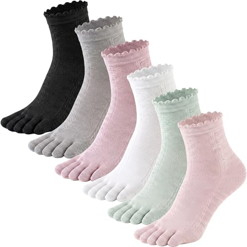 QUPOLPOL Bamboo Toe Socks Women, Five Toe Socks, UK 3-6, 6 Pairs | 80.7% Bamboo-Pulp Blend, Mid-Calf Plain Colours, Soft Breathable Socks for Trainers, Loafers, Mary Janes and Everyday Wear