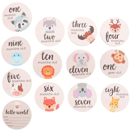 CRAFTHROU Cartes Mensuelles Enregistrements de Jalons Mensuels pour Bébé en Bois Rondes 13 Pièces, Accessoires Photo pour -nés et Décorations Shower