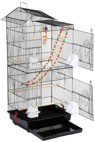 Yaheetech Cage à Oiseaux avec 3 Jouets Poignée Portable 4 Mangeoires 3 Perchoirs Cage pour Perruche Calopsitte Conure Pinson Canaris 46 x 35,5 x 99 cm