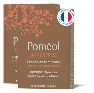 Complément Activateur Express bronzage ǀ Complément alimentaire pour teint halé​ ǀ 4 pigments, beta carotene, Vitamines A, C, E et D3, Cuivre, Astaxanthine | Sun Express | 30 jours ǀ POMÉOL
