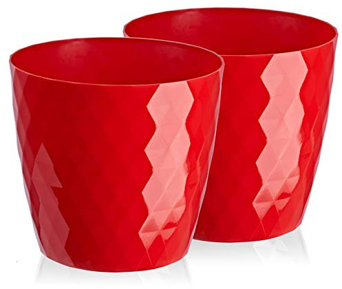 Tymar Pot de Fleurs, Pot de Plantes en Plastique, Lot de 2, Forme Ronde, Cache-Pot (14 cm, Rouge)