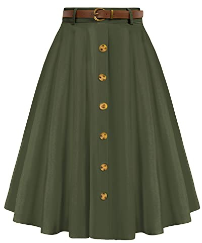 Army Green Midi Skirts for Women High Waist Aline Midi Skirt with Pockets Belts Army Green L