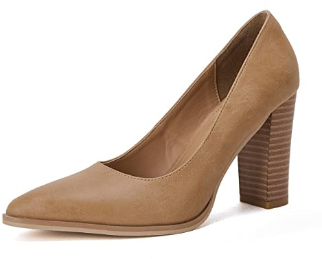 LAICIGO Women's Chunky Block High Heel Pumps Pointed Toe Slip On Dress Party Wedding Shoes Khaki