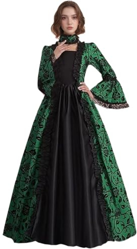 CAMDOM Vestido de Fiesta Victoriano para Mujer Vestido Retro Medieval de Palacio Largo Cuello Cuadrado Satén Elegante Mangas Acampanadas Disfraz Vintage para Cosplay,Noche Formal
