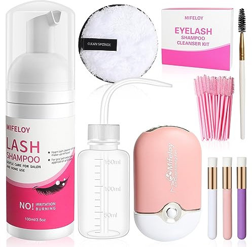 9 Pcs Wimpernverlängerungen Set für Salon Heimgebrauch, Augen WimpernShampoo, Miniatur USB Wimpern Föhn, Entferner Augenpads, Wimpernbürsten Einweg, Reinigung Pinsel, Mascara Bürsten, Waschen Flasche