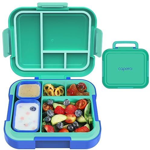Caperci Bento Box for Kids - Large 4.8 Cups Lunch Box with Two Modular Containers - 4 Compartments, Leak-Proof, Portable Handle, Microwave/Dishwasher Safe, BPA-Free (Jungle Green/Blue)