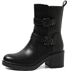QUEEN HELENA Bottes Biker Bottines à Talons Double Boucle Femme X29-96, Noir , 38 EU