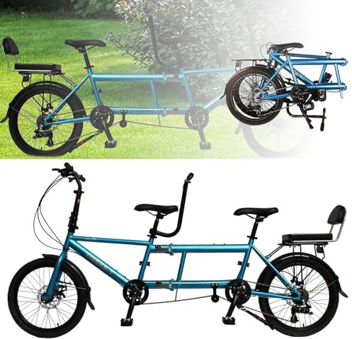 BOBVB Foldable Tandem Beach Cruiser Bike, Tandem Adult Beach Cruiser Bicycles, 20-Inch Wheels, 3 Seater, 7-Speed, Size 210x35x110cm, Folded Size 110x35x62cm, Maximum Load 200kg blue