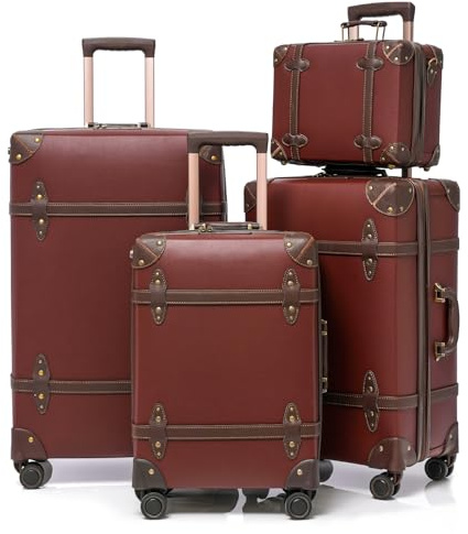 urecity Vintage Luggage Sets for Women Men, PU Leather Retro Suitcase Set, Vintage Carry On Luggage, Cute Vintage Trunk Luggage Sets 4PCS (Caramel Brown, 4 Pcs Set)