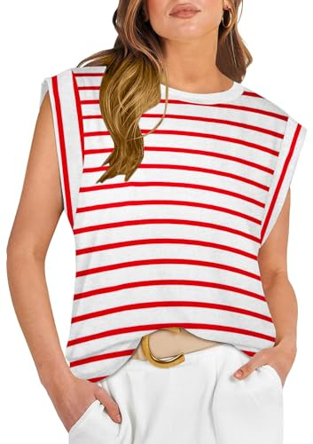SENBATU Camiseta sin Mangas para Mujer con Cuello Redondo y Camisetas Casuales de Verano para Mujer Rayas Blanco Rojo XX-Large 2XL 50-52