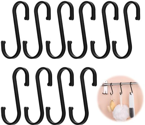 QTMMC 10Pcs S Hooks Heavy Duty Hanging Hooks Small Black S Shaped Hook Anti-Rust Hangers for Kitchen Bathroom Bedroom Garden Organizing Pots/Pans/Bags/Clothes