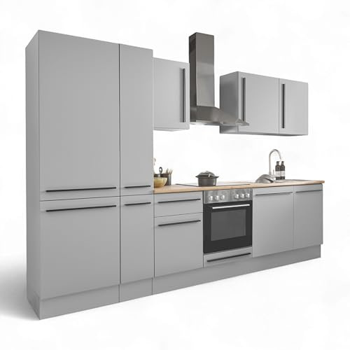 Denver Moderne Küchenzeile ohne Elektrogeräte in Grau, Lancelot Eiche Optik - Geräumige Einbauküche mit viel Stauraum - 310 x 211 x 60 cm (B/H/T)