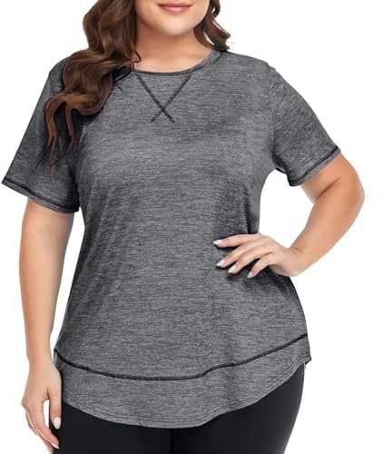 Women Plus Size Activewear T-Shirts Workout Running Shirts Short Sleeve Sports Tunic Tops Casual Loose-Fit Gym Yoga Fitness Tshirt Comfy Longline Tees Sportswear Blouse Sale Clearance Dark Gray