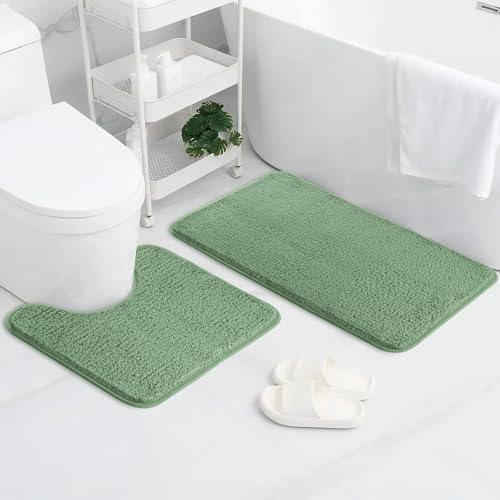 AUAUY Set Tappeti Bagno 2PZ in Microfibra, Tappetino da Bagno Antiscivolo con Forma a U, Bathroom Super Assorbente, Antiscivolo Assorbe Lavabile, Per Vasca da Bathroom o Come WC, Verde
