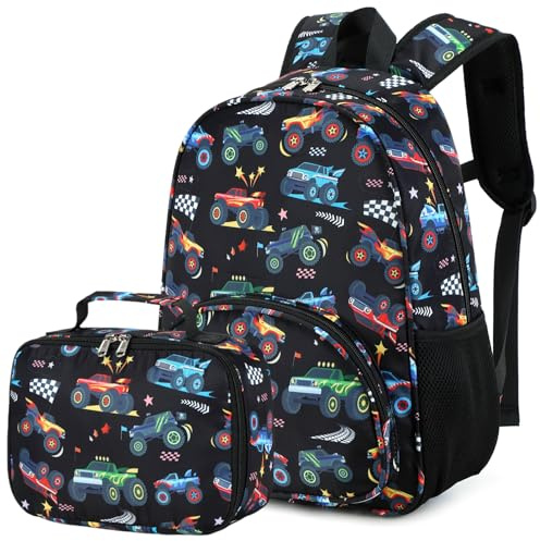 BTOOP Backpack for Kids Boys Girls Preschool Kindergarten Bookbag Set with Lunch Box Toddler School Bag (Colorful Truck)