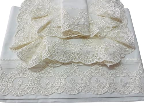 Corredocasa - Set 4 Pezzi Completo Lenzuola Matrimoniale in Puro Cotone Extra con Pizzo Rebrodé, Made in Italy – Lenzuolo sopra 260x300, Lenzuolo sotto con Angoli e 2 Federe a Tre Volani, col. Panna