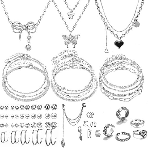 CHarmeFleur 47 pièces kit de bijoux avec 3 colliers, 11 bracelets, 20 boucles d'oreilles à clou, 7 bagues pour femmes
