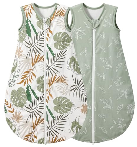 LULUMONKEY Baby Sleeping Bag 1.0 Tog 6-18 Months 2 Pack, 100% Cotton Summer Newborn Sleep Sack Baby Wearable Blanket, Green Leaves