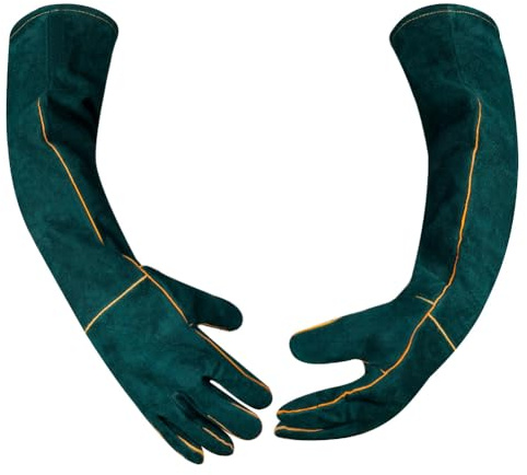 URAQT Animal Handling Gloves Bite Proof, 60cm Leather Anti Bite Gloves Full Arm Protective, Anti Scratch Cut Gauntlet for Animal Grooming Bathing Dogs Cats Hamster Parrot (Green)