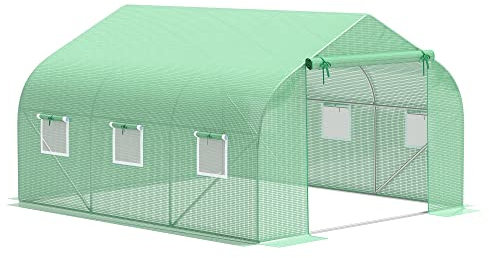 Outsunny Serre Tunnel de Jardin 10,5 m² dim. 3,5L x 3l x 2H m Porte + 6 fenêtres enroulables Acier galvanisé bâche PE Haute densité Vert