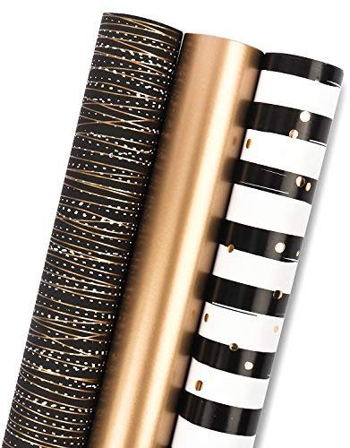 RUSPEPA Geschenkpapierpapierrolle - 3 Verschiedene Schwarzgold-Streifendesign - 43,2 cm x 3,05 m Pro Rolle