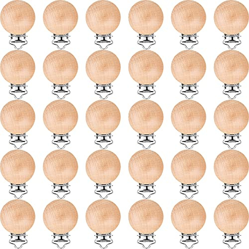 30 Pieces Natural Beech Wood Pacifier Clips Teething Grasping Toy Suspender Clips Wood Pacifier Clip Holder Charm DIY Clips (30 Pieces)