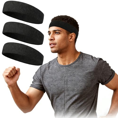 Bandeau de sport pour homme et femme - Bandeau éponge - Bandeau de sport pour la course à pied, le cyclisme, le jogging, le tennis, le football (noir)
